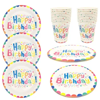 10Pcs szivárványszínű Boldog születésnapot eldobható étkészlet papírtányérok Csészék gyerekeknek Lány születésnapi zsúr 1. évforduló kellékek