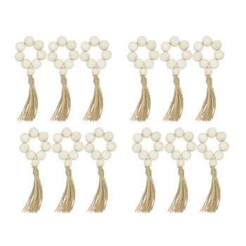 12X Gyöngyös fa szalvétagyűrűk terítékkel Esküvői parti dekorációs kiegészítők Szalvétatartó Természetes stílus
