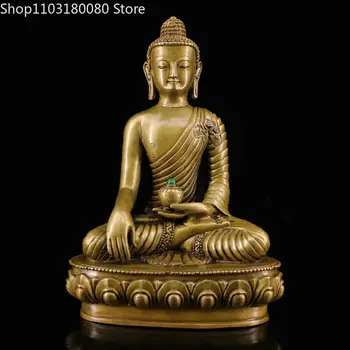 19cm Réz Sakyamuni Buddha szobor Tibet buddhizmus Kínai sárgaréz intarzia drágakő