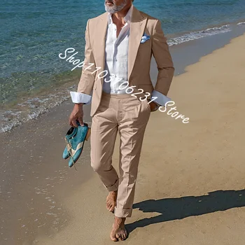 2 darab bézs színű öltöny férfiaknak Slim Fit esküvői vőlegény Tuxedos Vőlegények Férfi divat strandjelmez Homme blézer nadrággal