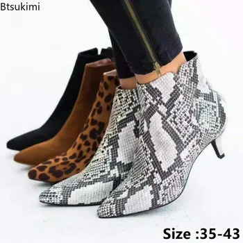 2023 Női divat Bokacsizma Leopárd mintás hegyes orrú rövid csizma Hölgyek Chunky magas sarkú cipő Csizma Lábbeli Női botas