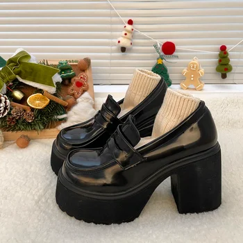 2023 ősz Új női magassarkú cipők Retro naplopók Lakkbőr Vaskos platform szivattyúk Női slip-on Mary Janes cipő Zapatos Mujer