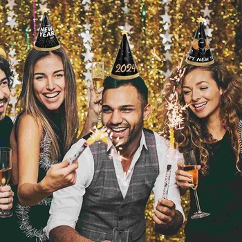 2024 Boldog új évet kalapok 12Db újévi papírkúp kalapok 3D fekete parti kalapok szilveszteri buli születésnapi party fotó