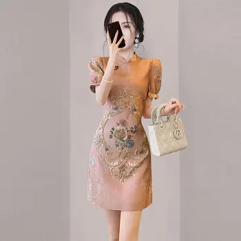 2024 kínai stílus továbbfejlesztett cheongsam ruha vintage stílusú női ruha chinoiserie retro hímzés a-vonalú szoknya virágos qipao