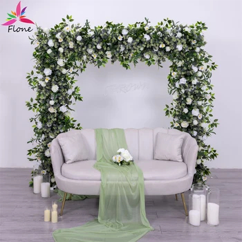 2x0.4m Mesterséges zöld fehér virágsor esküvői dekoráció házasság virágkötészet fehér rózsa zöld eukaliptusz virágokkal
