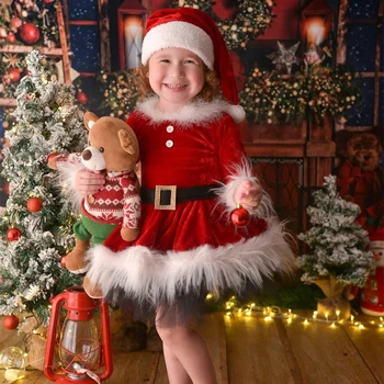6M-6T Gyereklányok karácsonyi jelmez hosszú ujjú szőrös patchwork piros ruha masni fejpánttal cosplay partihoz