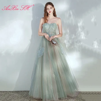 AnXin SH hercegnő zöld csipke estélyi ruha vintage pánt nélküli fodrok csillogó gyöngyös kristályvirág menyasszony hosszú estélyi ruha