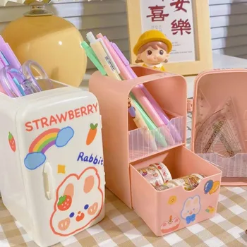 Aranyos Mini hűtőszekrény alakú tolltartó rajzfilm lány írószer asztali rendszerező doboz kapacitása Irodai tárolás Ingyenes matricák