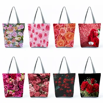 Bevásárlótáskák Növénytervezés Női táskák Nagy kapacitású utazási strandtáskák Eco újrafelhasználható Valentin ajándék Virágos rózsa nyomtatású kézitáskák