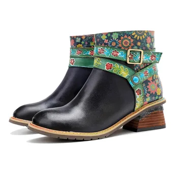 Csizma női őszi cipő Bokacsizma övcsat ZIP Valódi bőr Virágkötés Brit stílusú női cipő