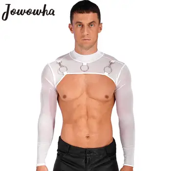 Férfi férfi átlátszó Moto szexi felsők Hosszú ujjú O-gyűrűs póló átlátszó hálós fél termés Top Party Stage Performance Clubwear