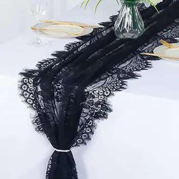 Gépben mosható asztali futó Elegáns virágos csipke asztali futó esküvőkre Menyasszonyi zuhanyzók Étkezőasztalok Áttetsző fehér fekete tüll