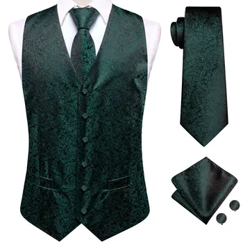Hi-Tie sötétzöld férfi mellények nyakkendő szett selyem Paisley Jacquard mellény kabát nyakkendő Hanky mandzsettagombok Esküvői hivatalos party ajándékok