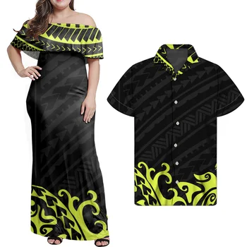 HYCOOL-polinéz törzsi mintás hosszú fekete ruha, vállon kívüli fodros bodycon, maxi esküvői ruhák, párok gyufa ruházati szett