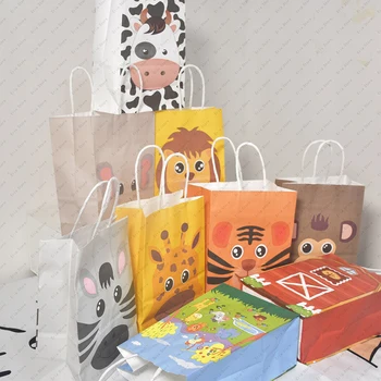 Jungle Animal Party Favor táskák gyerekeknek Papír cukorka csemege ajándéktáskák fogantyúval Dzsungel szafari születésnapi zsúr Babaváró