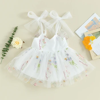 Kislány hercegnő ruha ujjatlan virágos hímzés Bowknot tüll ruha születésnapi lány ruha