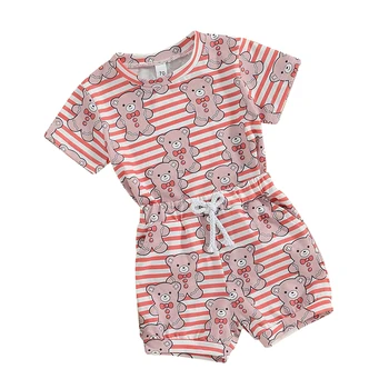 Kislányok 2 részes ruha medvecsíkos mintás rövid ujjú póló és rugalmas rövidnadrág készlet Aranyos nyári ruhák