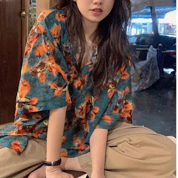 Koreai stílusú virágos rövid ujjú ing női új retro japán tyle niche laza és sokoldalú top trend női ruhák y2k