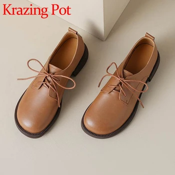Krazing Pot 2023 Valódi bőr kerek orrú Med Heels tavaszi cipő semleges vintage lélegző szabadidő fűzős leánykori márka szivattyúk