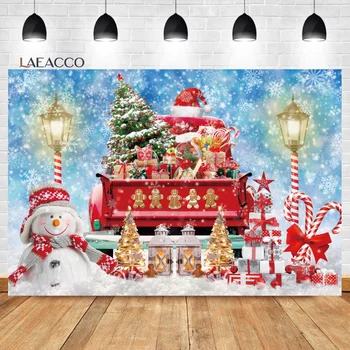Laeacco Téli karácsonyi háttér Piros teherautó Hóember fenyőfák Ajándékok Újévi babaváró party Portré fotózás Háttér