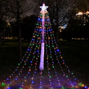 LED napelemes vízesés karácsonyfa füzér fények csillag függő csillogó tündér függönyfény kültéri parti kerti dekorációhoz