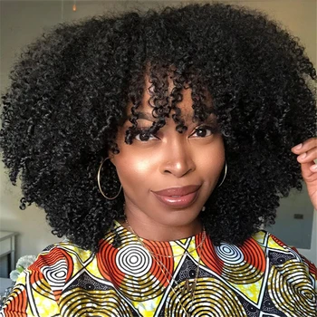 Mongol afro perverz göndör emberi haj parókák frufruval Rövid brazil Remy emberi hajgép parókákat készített fekete nők számára ragasztó nélkül