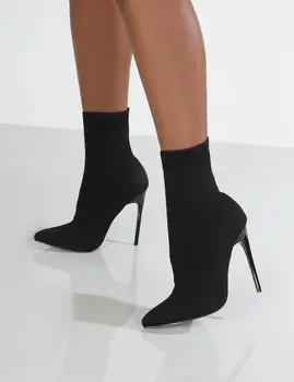 Női csizma Rövid magassarkú cipő Női cipő Őszi téli botas Mujer Kötött bokacsizma Fekete zokni Női sarok Csizma Női