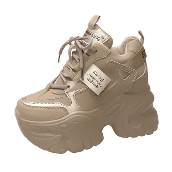 Női magas platformú bőr tornacipők Új téli meleg plüss hócipő 10,5 cm vastag talpú alkalmi cipő Chunky Dad sportcipők