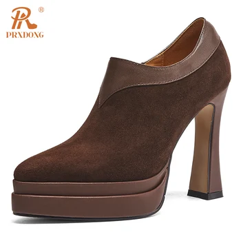 PRXDONG valódi bőr női cipő 2024 Új tavasz ősz magas sarkú cipő vastag platform fekete barna ruha Party Office Lady Pumps