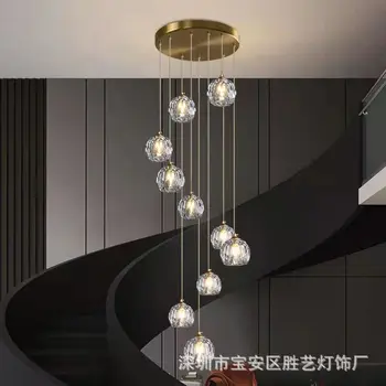 Réz lépcsőház Hosszú csillár Modern minimalista duplex villa loft apartman forgó lépcsőház könnyű luxus kristálylámpa