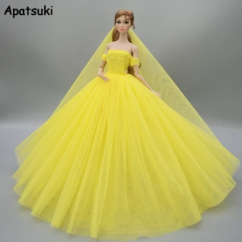 Sárga divatruha Barbie baba ruhákhoz estélyi ruhák Party ruha Hosszú ruha ruhák fátyollal 1/6 baba kiegészítők