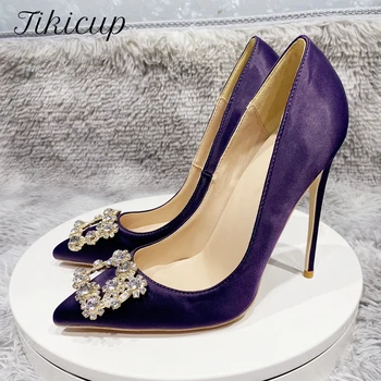 Tikicup Glitter Square Decor Women Purple Satin Pointy Toe 80-120mm High Sarkú esküvői party Cipő Elegáns női tűsarkú pumpák