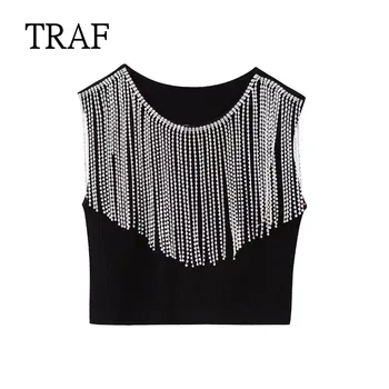 TRAF Black Top Women 2023 Fashion strassz kötött női Tanks O nyak ujjatlan vékony mellény Streetwear Y2K női crop topok