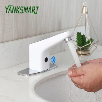 YANKSMART Fehér fürdőszobai edénymedence Automatikus kézi érzékelő csaptelep fedélzetre szerelhető keverő Vízcsap króm fedőlappal Kombinált készlet