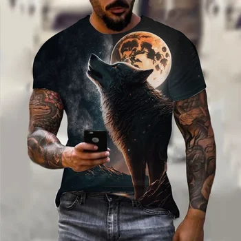 Új nyári férfiak Érdekes grafika Pólók Személyiség Alkalmi Állat Farkas Hold póló Divat Trend 3D nyomtatás Streetwear Pólók