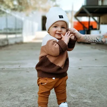Őszi új baba kötött pulóverek Aranyos kisgyermek pulóver Csecsemő kötöttáru Hosszú ujjú pamut kontraszt színű pulóver felsők pulóverek